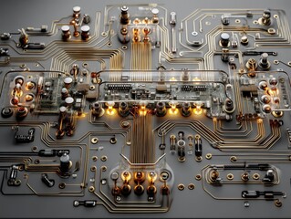 Poster - Complex circuit-inspired AI node circuit board with intricate connections and glowing elements.