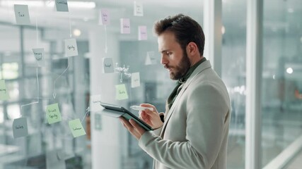 Aufkleber - Businessman, writing and planning with tablet on glass board for schedule, agenda or project tasks. Man, employee or planner with technology, ideas or sticky notes for mindmap or brainstorming work