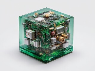 Poster - Transparent AI data core cube showcasing intricate electronic components and circuitry.