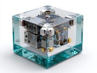 Poster - Transparent AI data core cube showcasing intricate electronic components inside.