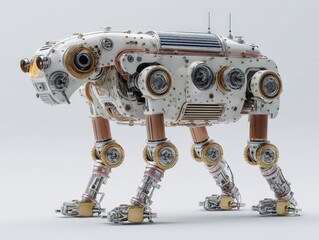 Poster - A mechanical four-legged AI explorer robot made of metallic components and intricate machinery.