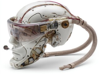 Poster - a neural interface headset Futuristic helmet design showcasing advanced technology and robotics in a translucent style.