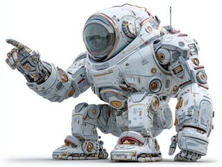 Poster - A futuristic robot in a crouching position, pointing with one hand.