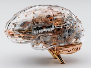 Poster - Transparent mechanical brain with intricate circuitry and metallic components.