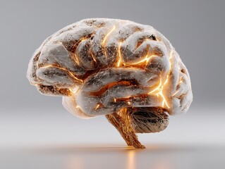 Poster - 3d wireframe brain design with glowing elements on a neutral background.