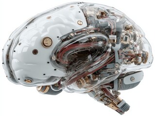 Poster - Robot brain with intricate circuitry and mechanical components showcased in a futuristic design.