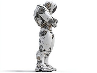Poster - A futuristic robot stands in a contemplative pose against a white background.
