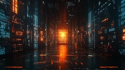 Poster - Futuristic data stream corridor with glowing blocks and lines illustrating network infrastructure and computer science concept