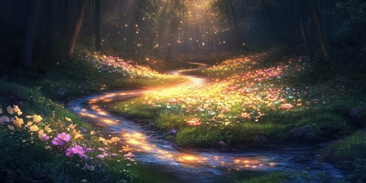 Dreamy swirls bloom with glowing stream; soft background
