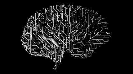 Poster - Abstract Brain Circuit Board Digital Art Graphic Design Technology Background White Lines Black Background Modern Futuristic Neural Network Artificial