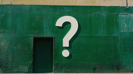 Poster - Large White Question Mark on Green Wall Urban Background Mystery Concept Design Graphic Image Modern Minimalist Style Abstract Question Symbol Wall   