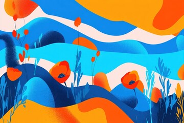 Poster - Vibrant abstract landscape with colorful flowers and sweeping waves in a sunny atmosphere