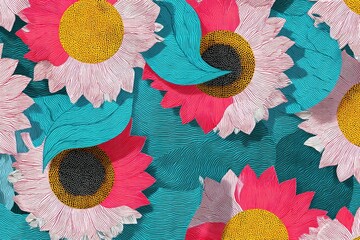 Poster - Colorful flowers with vibrant petals and intricate details create a stunning botanical pattern in a modern artistic style