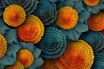 Poster - Vivid abstract flowers in vibrant shades of orange and teal create a stunning floral pattern