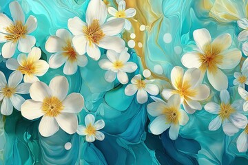 Poster - Elegant white flowers blending harmoniously with a swirl of blue and gold abstract background