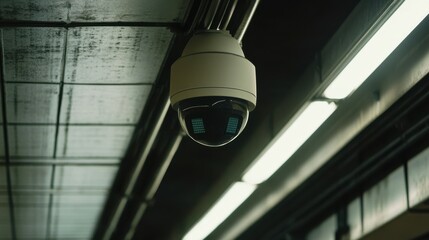 Aufkleber - Surveillance Camera Mounted on Ceiling in Industrial Space with Bright Lighting