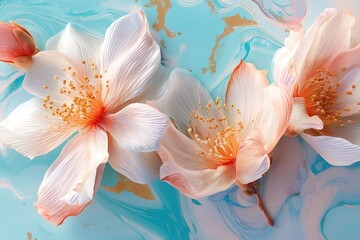 Poster - Beautiful pink and white flowers resting on a shimmering turquoise surface in a serene setting