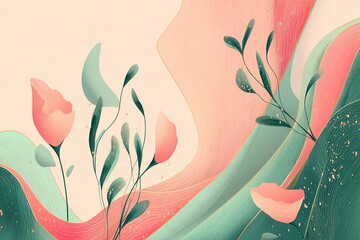 Poster - Flowing abstract floral design in soft pastel colors showcasing organic shapes with delicate blooms and leaves