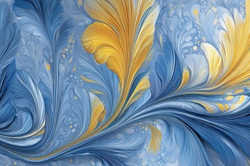 Poster - Abstract blue and yellow floral design with intricate swirls and patterns on a textured background