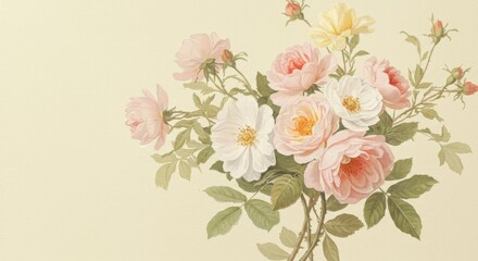  Delicate Pastel Roses Bouquet - A lovely arrangement of pastel pink and white roses, perfect for romantic or elegant designs. Soft, muted tones create a serene atmosphere