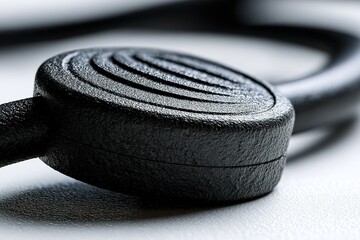 Poster - Close-up view of a round black object with textured surface resting on a smooth surface in a well-lit environment