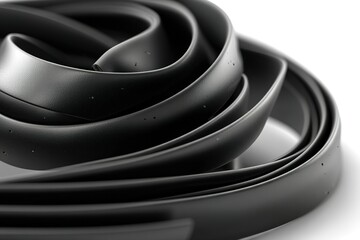 Poster - Black rubber strips coiled together on a white surface showcasing texture and flexibility in a studio setting