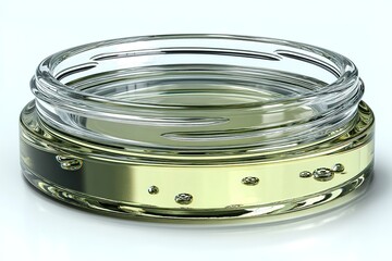 Poster - Transparent circular glass container with liquid and bubbles on a minimal background