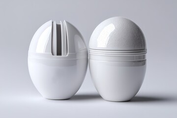 Poster - White egg-shaped containers displayed side by side showcasing modern design and functionality in a minimalist setting