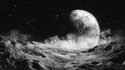 Wall Mural - Celestial panorama of a lunar landscape at night.