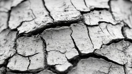Monochrome close-up of textured tree bark with cracks and ridges in grayscale, offering a detailed view of natural surface patterns.