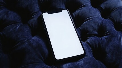 Poster - Black smartphone resting on a plush blue tufted background with blank screen