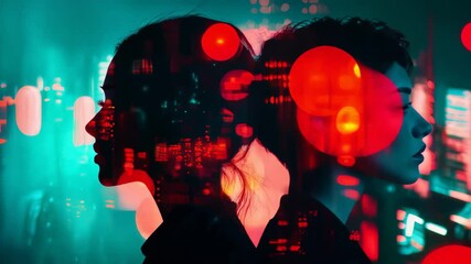 Wall Mural - A silhouette of two woman in abstract red city tones.