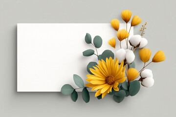 Poster - Floral Whisper: An artistic rendering showcases a delicate symphony of nature's beauty, with vibrant yellow and muted green leaves gracefully arranged, gently embracing an empty space.