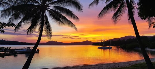 Wall Mural - silhouettes of palm trees against the backdrop of an orange and purple sunset in hawaii, with reflec