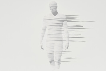 Poster - Abstract Human in Gray: A surreal artwork unveils a monochromatic figure seemingly dissolving, as a visual metaphor of disintegration and the passage of time.