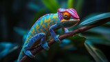 Mesmerizing neon colored chameleon changing colors on a tropical branch intricate scales reflecting vibrant hues