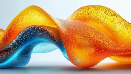 Wall Mural - A vibrant wave of color blending orange, blue, and yellow with a smooth surface showcasing droplets of water, creating a dynamic visual effect.