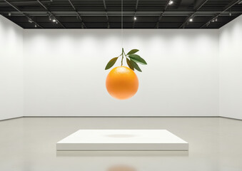 Poster - Oversized Orange Fruit Hanging in Minimalist Art Gallery Space