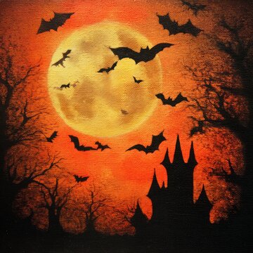 Stylish painting of bats flying against the background of an orange moon and black trees