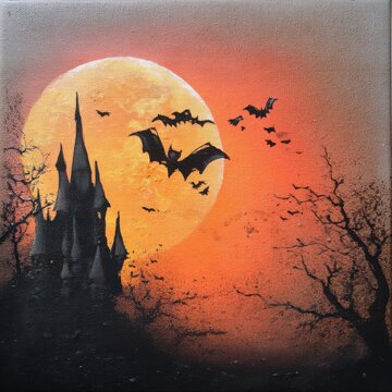 Stylish painting of bats flying against the background of an orange moon and black trees