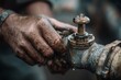 © bltvmax - Close-up of weatherworn male hands grasping aged metal pipe with valve and water droplet, showcasing texture