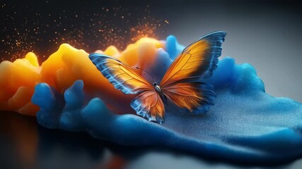 Wall Mural - A vibrant butterfly perched on colorful, textured surfaces with a modern design, showcasing a mix of orange and blue hues.