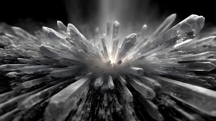 Poster - Sparkling Ice Crystals Emanating Light in a Dark Background
