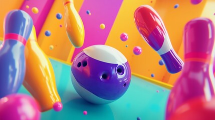 Poster - Colorful Bowling Pins and Ball Abstract 3D Render Bright Vivid Fun Game Playful Design Modern Artistic Background Illustration  Digital Art Graphic   