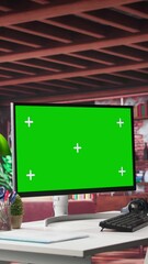 Poster - vertical video empty apartment loft with computer running isolated mockup screen, modern workstation