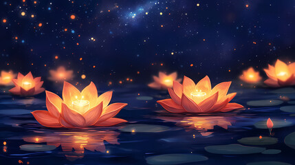 Wall Mural - Tranquil night scene illuminated lotus lanterns floating under starry sky. Galaxy Lily. Illustration