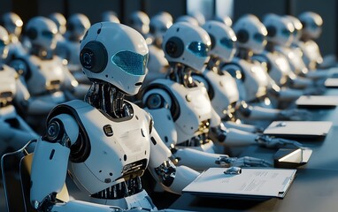 Poster - A futuristic group of humanoid robots designed for various tasks, lined up in a modern workspace. Their sleek design showcases advanced artificial intelligence and collaboration.