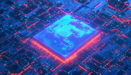 Poster - A mesmerizing close-up of a vibrant microchip set against a dark electronic background, showcasing intricate circuitry and glowing lines of energy, representing modern technology i