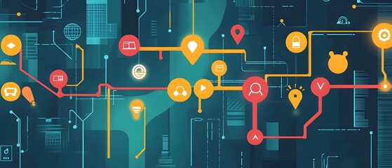Poster - A vibrant digital interface showcasing interconnected icons, symbolizing navigation and connectivity in modern technology. Perfect for depicting digital maps, apps, and innovation.