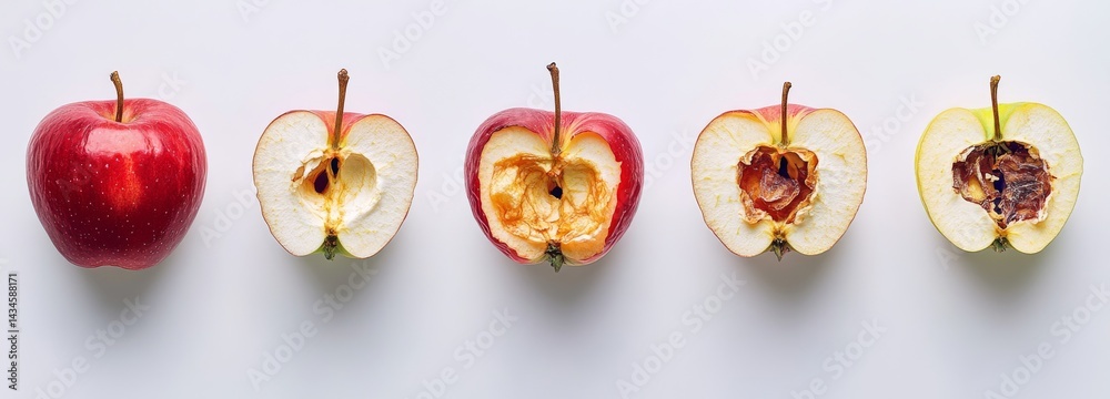 As a fresh, ripe, red apple decomposes, it gets old and wrinkled ...